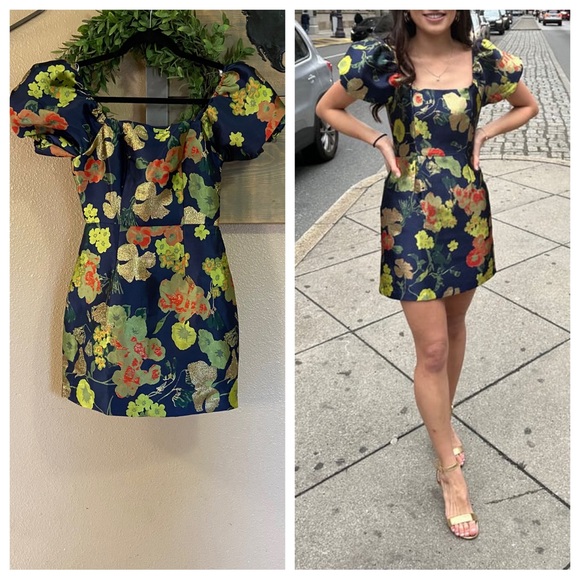 NWOT Lulus So Stunning Navy Blue Floral Jacquard Puff Sleeve Mini Dress - Picture 1 of 13